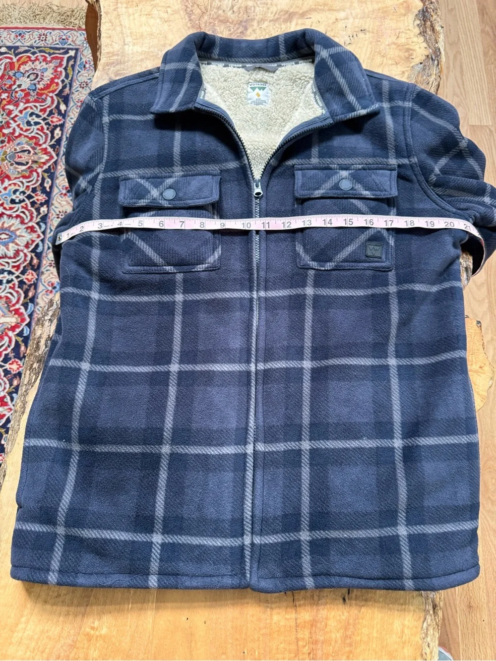 Voyager Men’s Navy Plaid Fleece Sherpa-lined Jacket Size S
